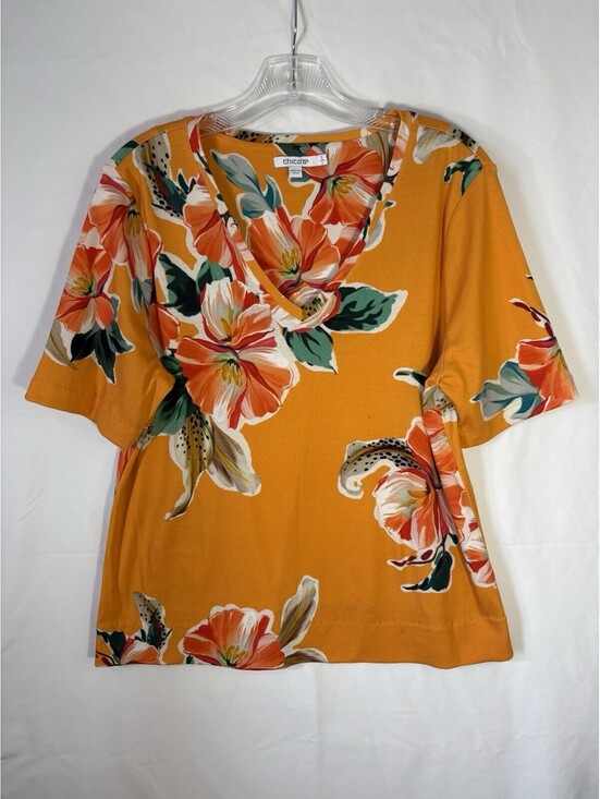 Chico's Tops - Chicos Shirt Womens 2 US L 12 Orange Tropical Floral Pima Cotton V Neck Top